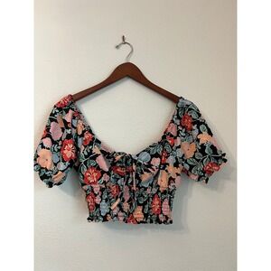 Floral Smocked Crop Top‎ Tie Front Sweetheart Neckline Short Sleeve Blouse